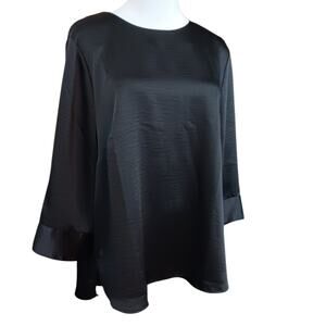 Universal Standard Black Satin Flowy Blouse Top XS=LG/10-12 Button Back Hi Low